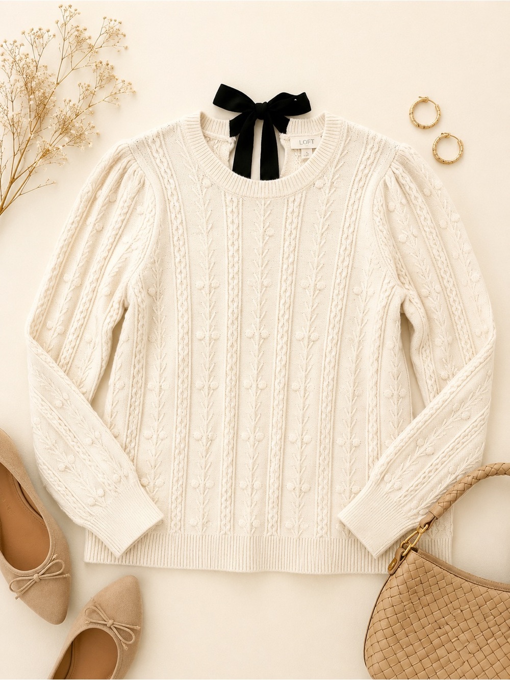 LOFT Cream Cable Knit Bow Back Sweater Medium Puff Sleeve